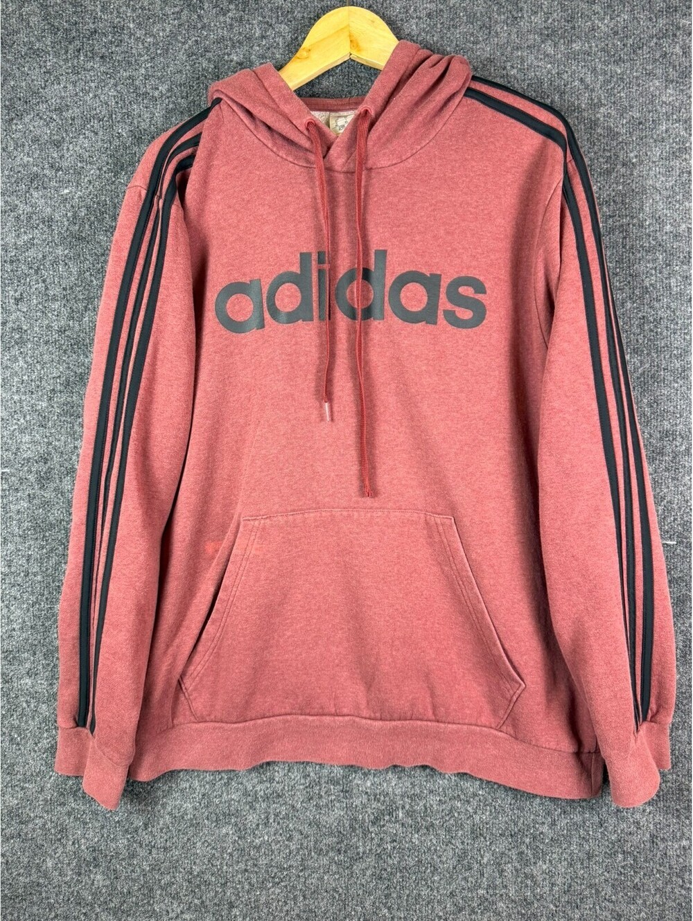 adidas Hoodie Mens XL Heather Red Maroon Black 3 Stripe Spellout Sweatshirt
